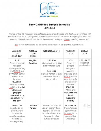Westchester Day School Sample Schedule for Early Childhood 