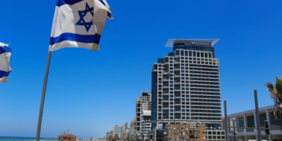 Israeli flag on beach in tel aviv