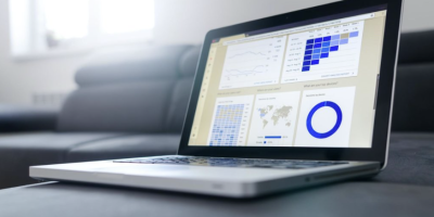 Graphs and pie charts on a laptop