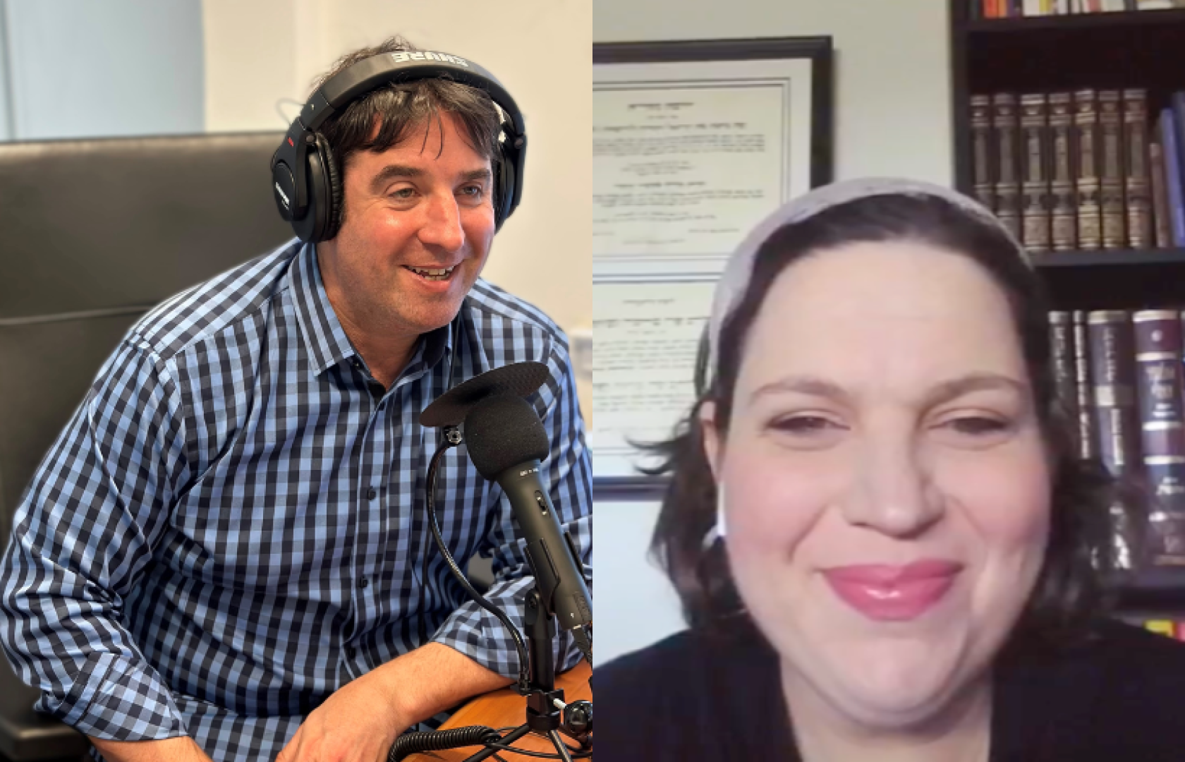 A splitscreen of David Bryfman talking into a podcast microphone on the left, and Rabba Yaffa Epstein smiling and looking into the camera on the right