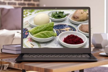 Seder plate on a laptop screen Seder plate on a laptop screen