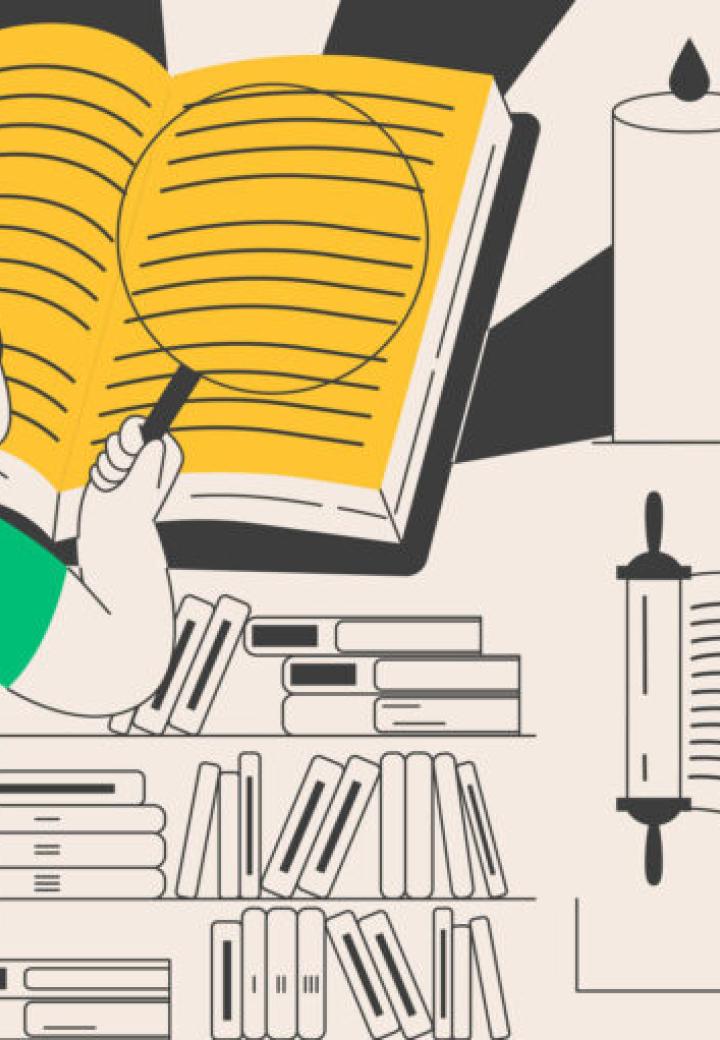 A cartoon of a girl reading a book and theres a torah