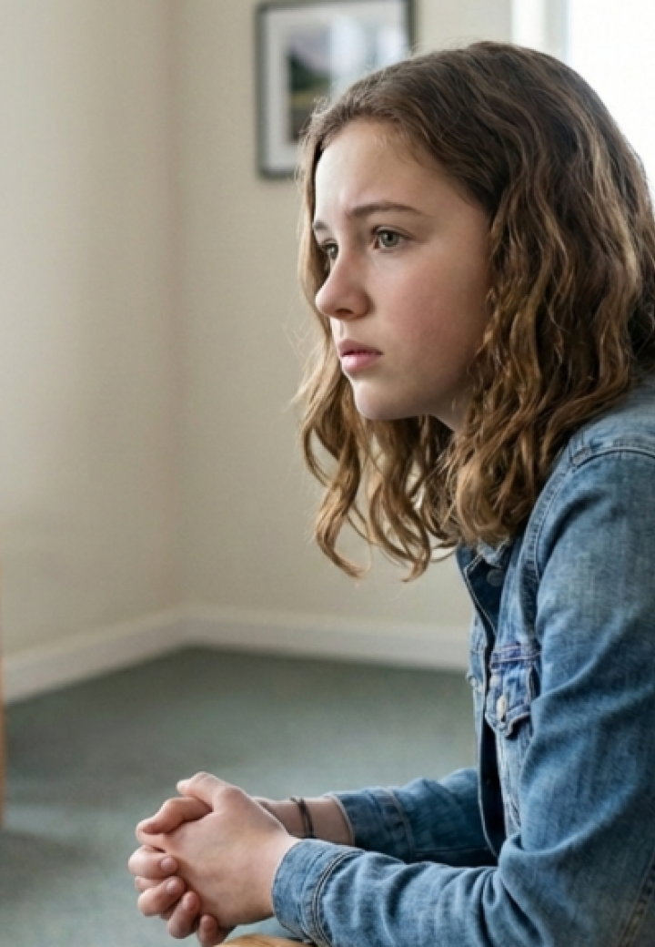 A teenage girl sits with her hands folded