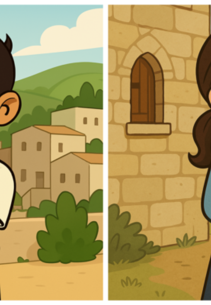 An AI-generated cartoon of a secular boy and a religious girl