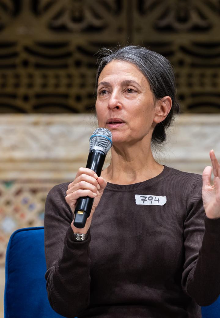 Rachel Goldberg-Polin holding a mic mid-sentence