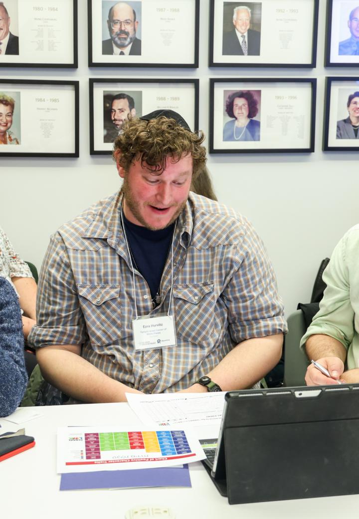 three educators look at an ipad