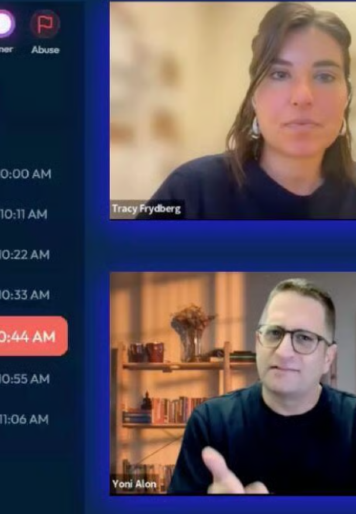 A screenshot from The Great Mifgash featuring two speakers, a man in one box and a woman in another