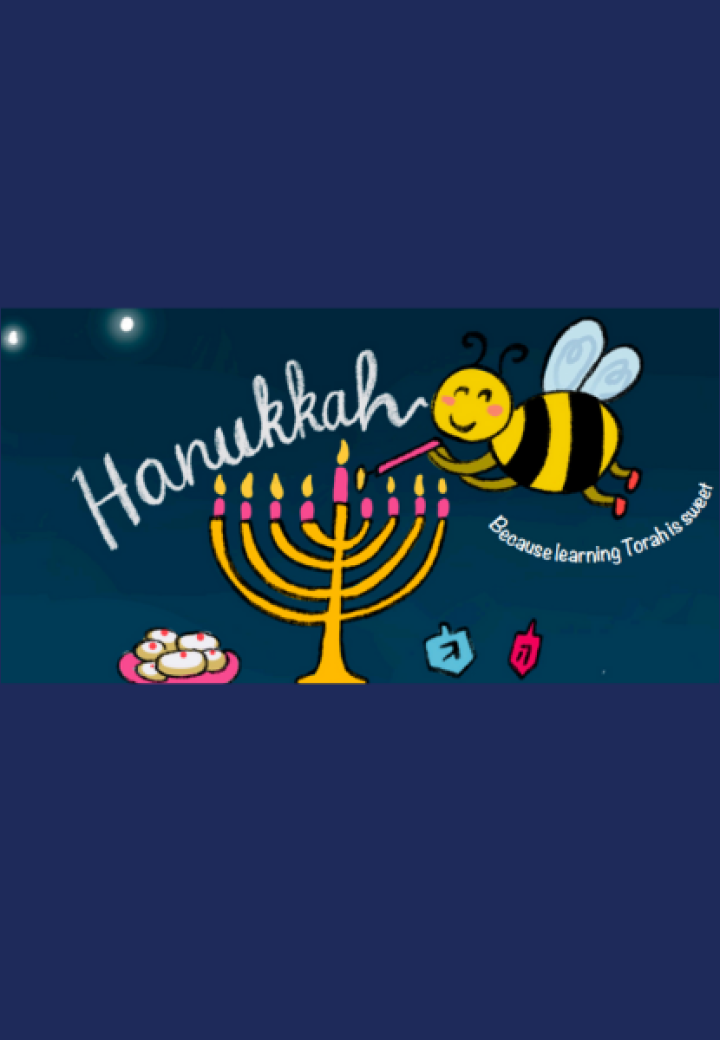 Hanukkah cartoon of a bee lighting a menorah