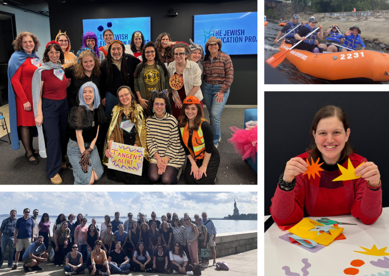 A collage of four images: a group smiling in costumes, a group rafting in a river and smiling, a woman holding paper flowers, and a group posing by the Statue of Liberty