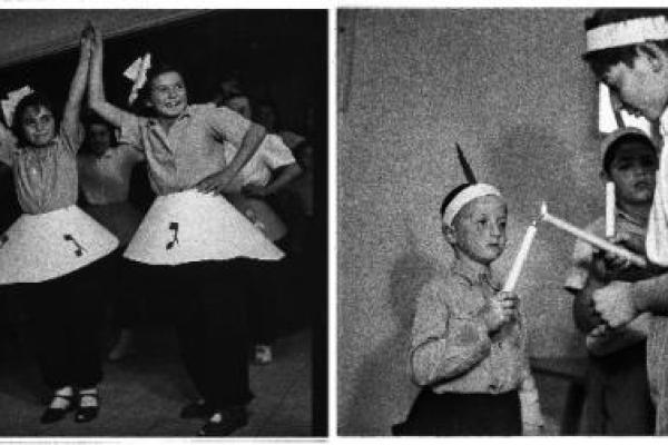 two vintage black and white photos: one is a woman dressed as a dreidel and another is of a boy lighting a candle